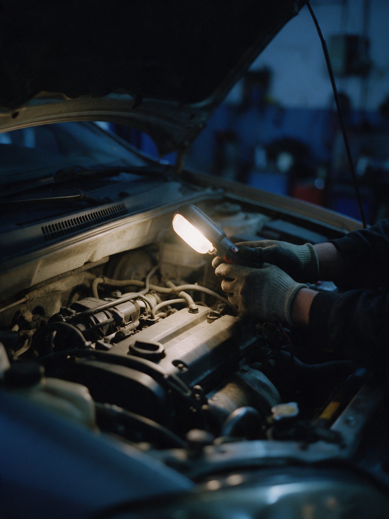 A mechanic holds a work light under the open hood of a car.